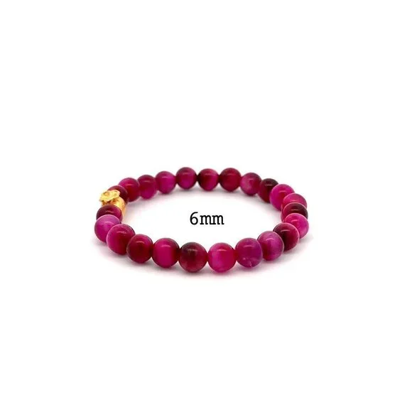 24K Gold Money Bag Lucky Charm Stretchable Bracelet Dyed Pink Tiger's Eye 6mm - Picture 3 of 5